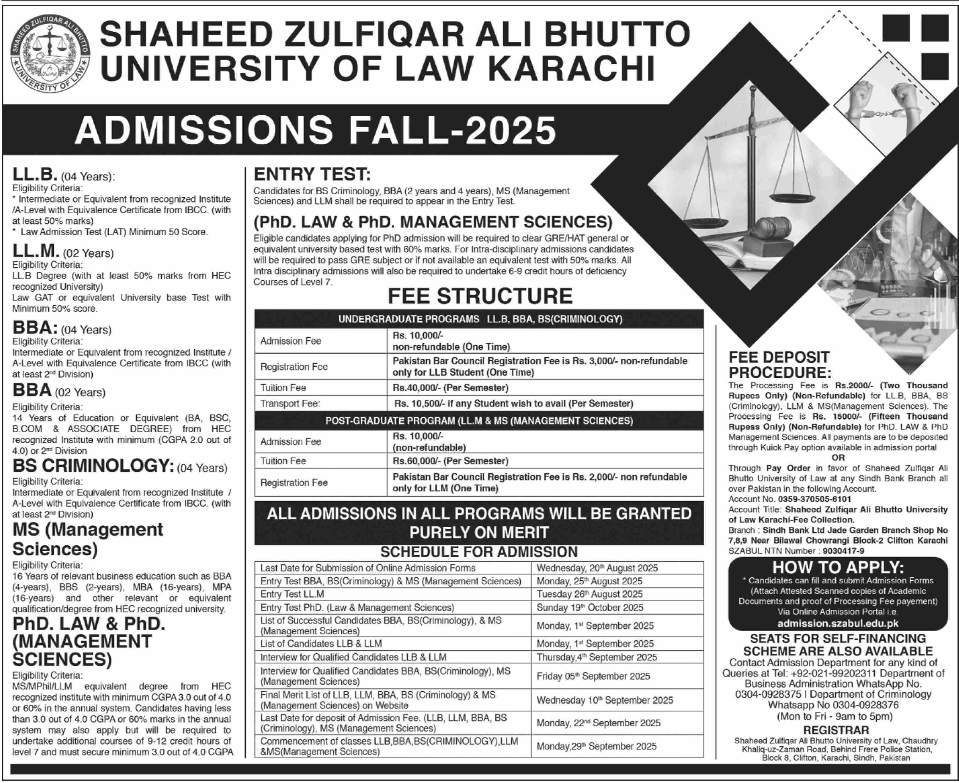 Admission Open in Shaheed Zulfiqar Ali Bhutto University of Law Karachi